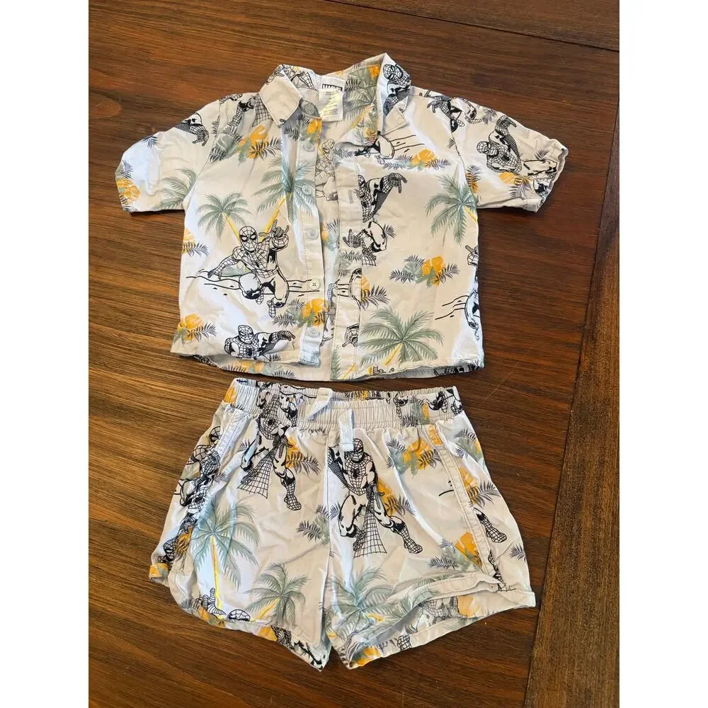 Marvel Spider-Man 2 Piece Hawaiian Print Outfit 3T 100% Cotton Shirt Shorts